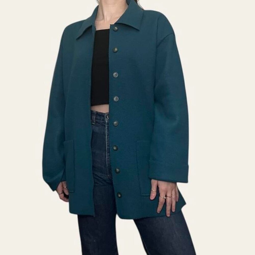 Partners 2000s vintage dark teal fleece button-up shacket felt coat - small - Picture 2 of 8